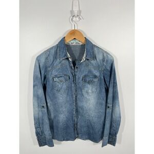 Womens‎ Pearl Snap Denim Top S Blue Boho Chic Western Rodeo Festival Concert